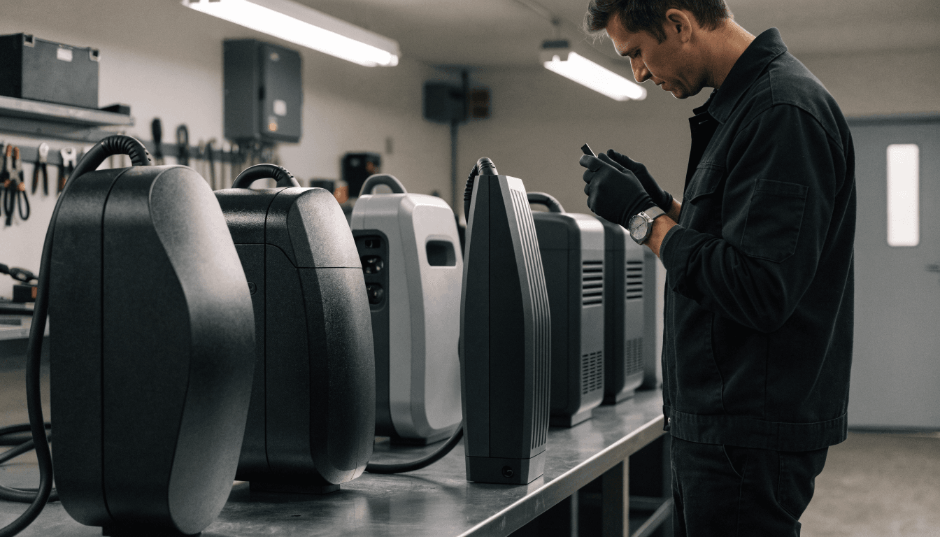 Technician comparing several unbranded commercial EV charger units in an installer's workshop