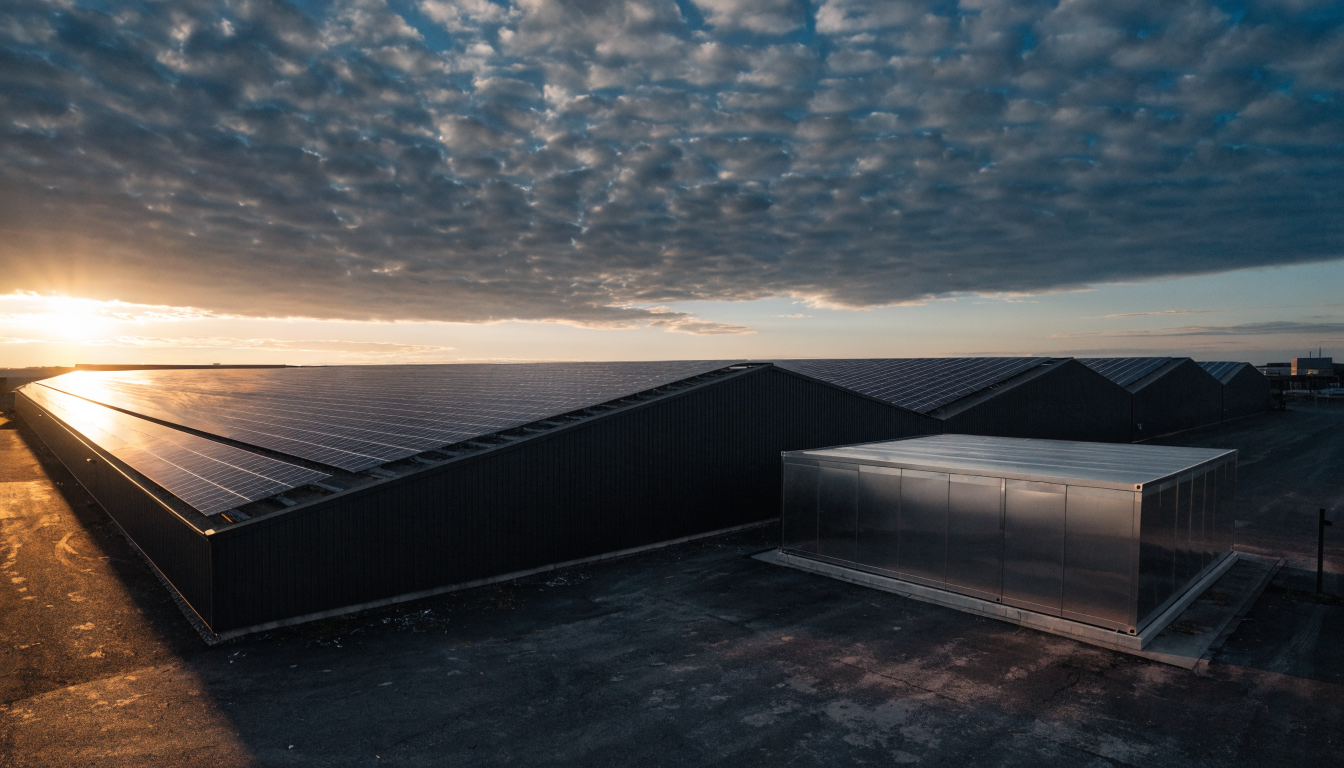 Warehouse rooftop solar panels with battery storage unit