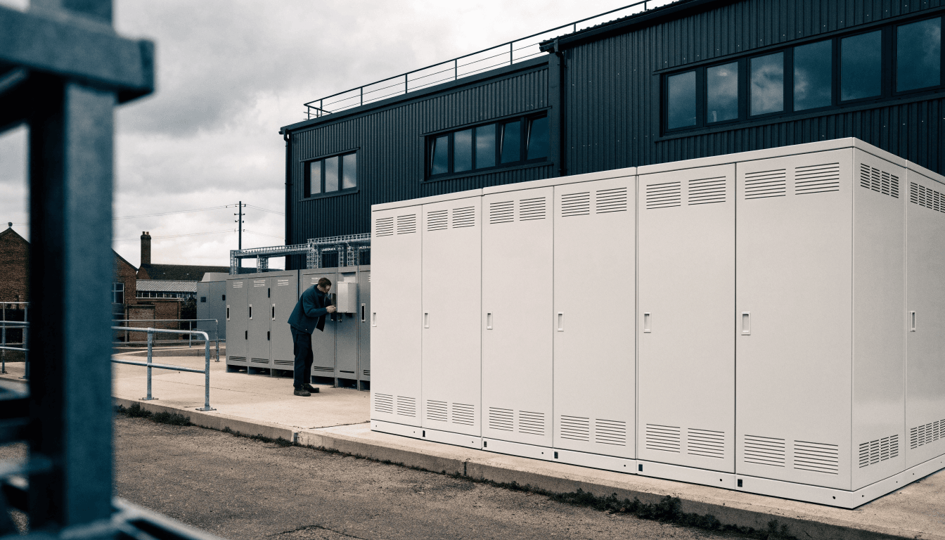 Commercial battery storage cabinets on a concrete pad beside a UK factory