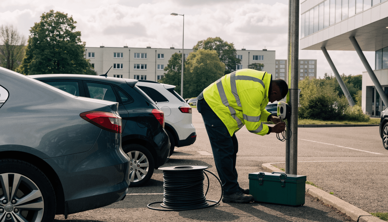 Electrician in hi-vis fitting a twin-socket EV charger in a UK office car park
