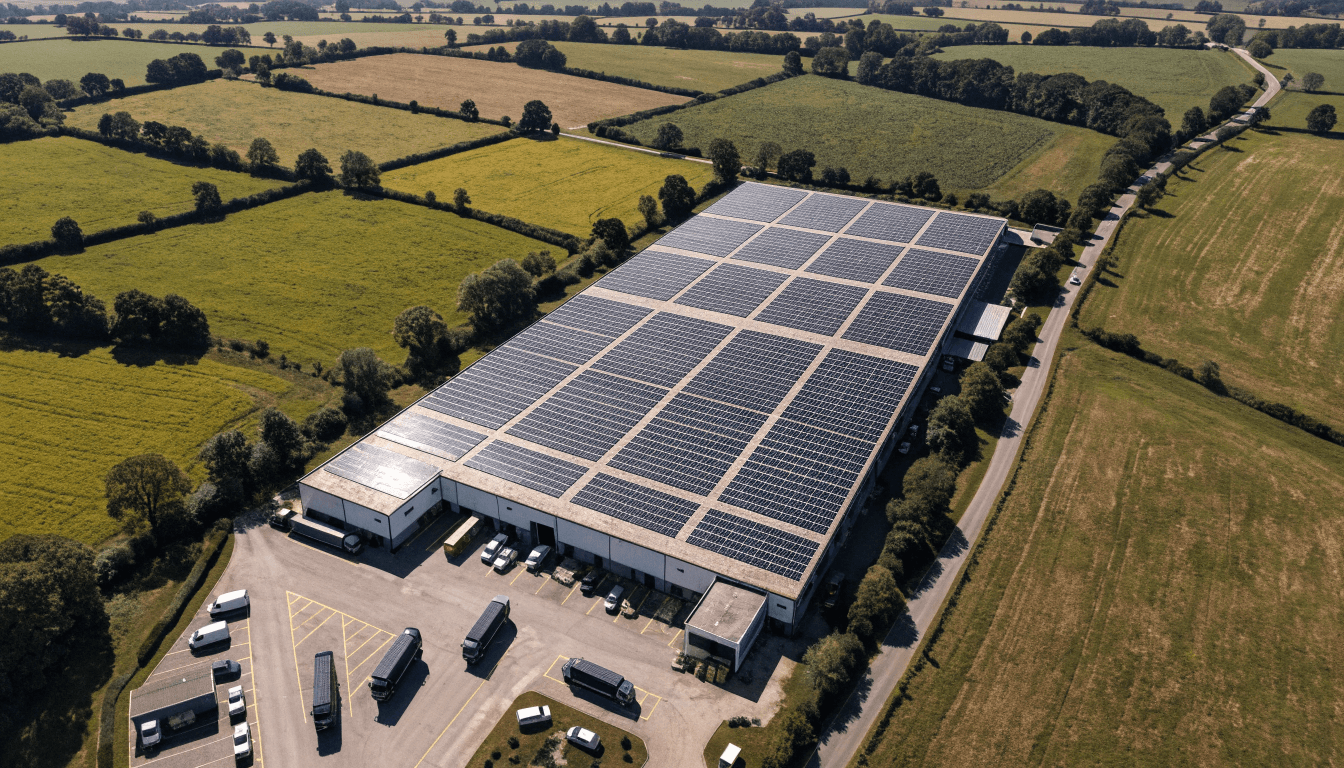 Aerial view of a UK warehouse roof covered in solar panels with lorries in the loading yard