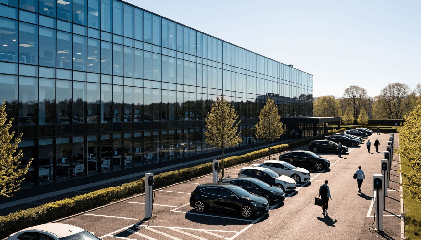 Corporate headquarters car park with many EV charging bays in use on a clear morning