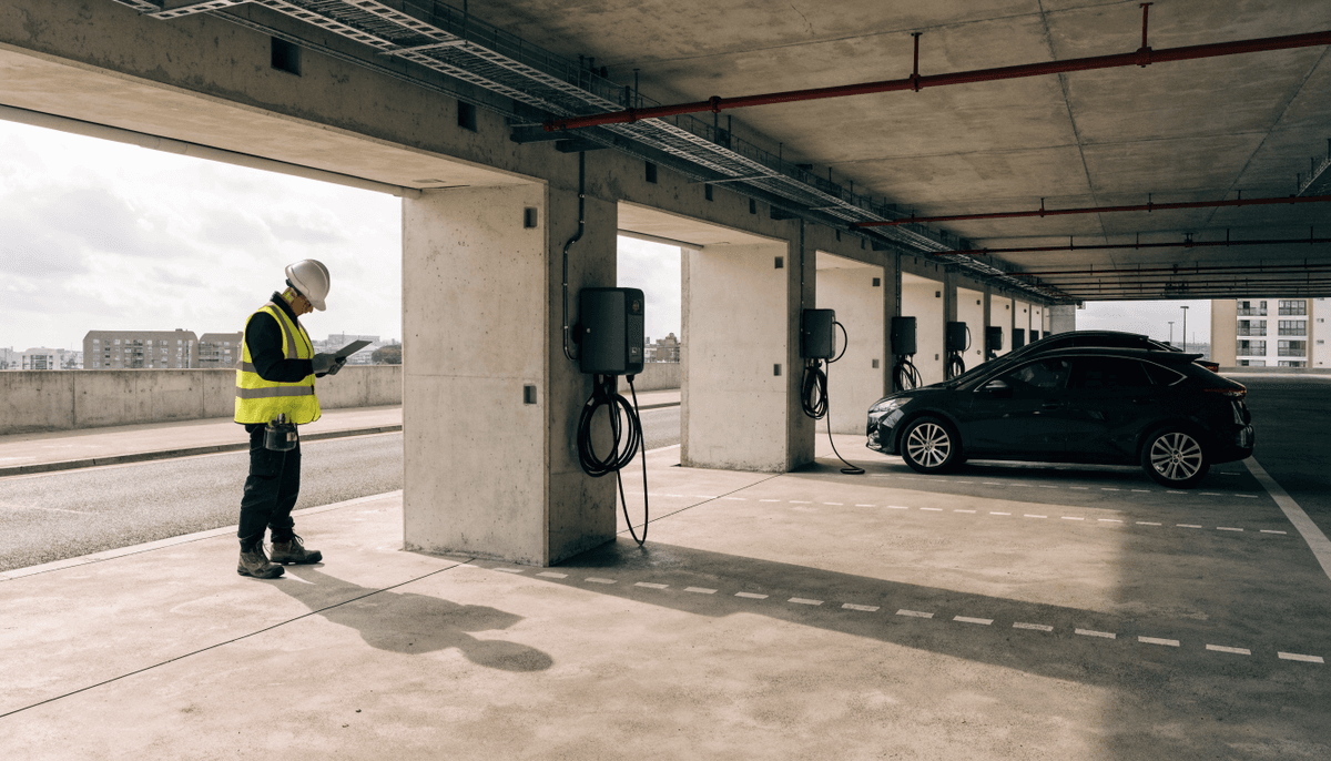 Inside a modern multi-storey concrete car park in daylight, a row of wall-mounted EV chargers with two electric cars plugged in, cable trays and red sprinkler pipes on the low ceiling, and a site engineer in hi-vis and a hard hat checking drawings on a tablet