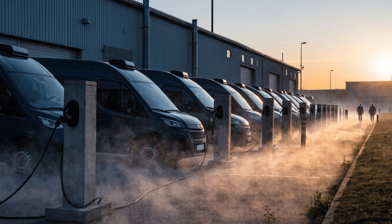 Row of electric delivery vans plugged into pedestal chargers at a UK depot at dawn