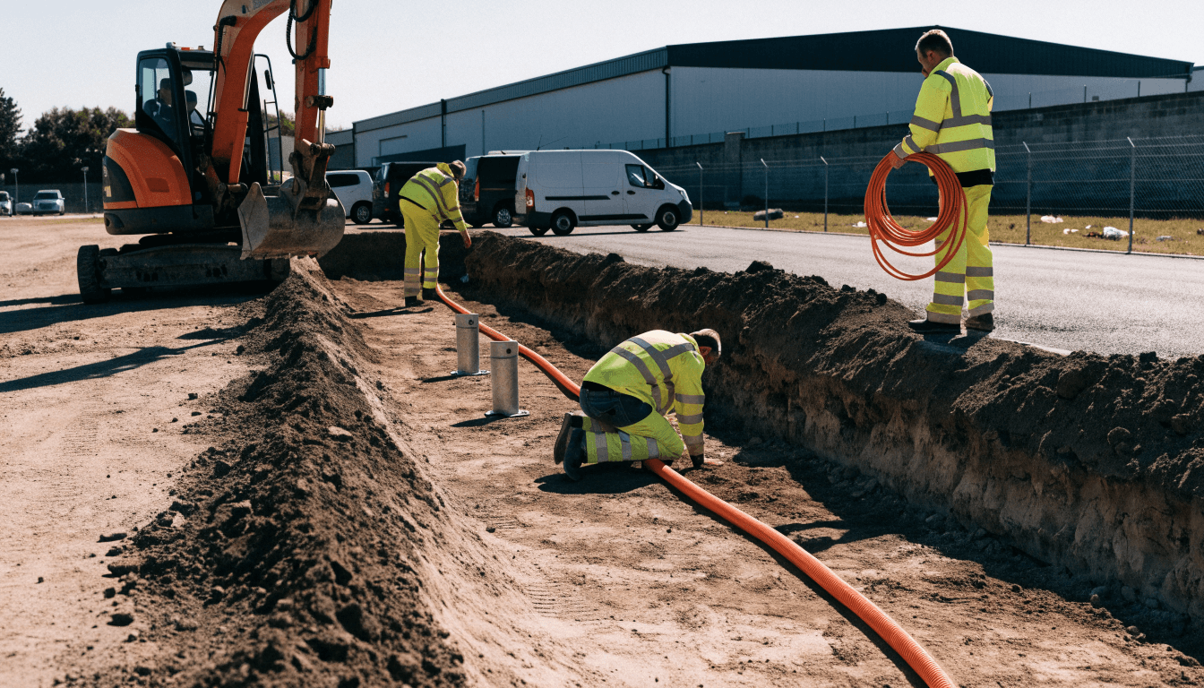 Groundworks at a UK depot with an open cable trench, orange ducting and a mini excavator