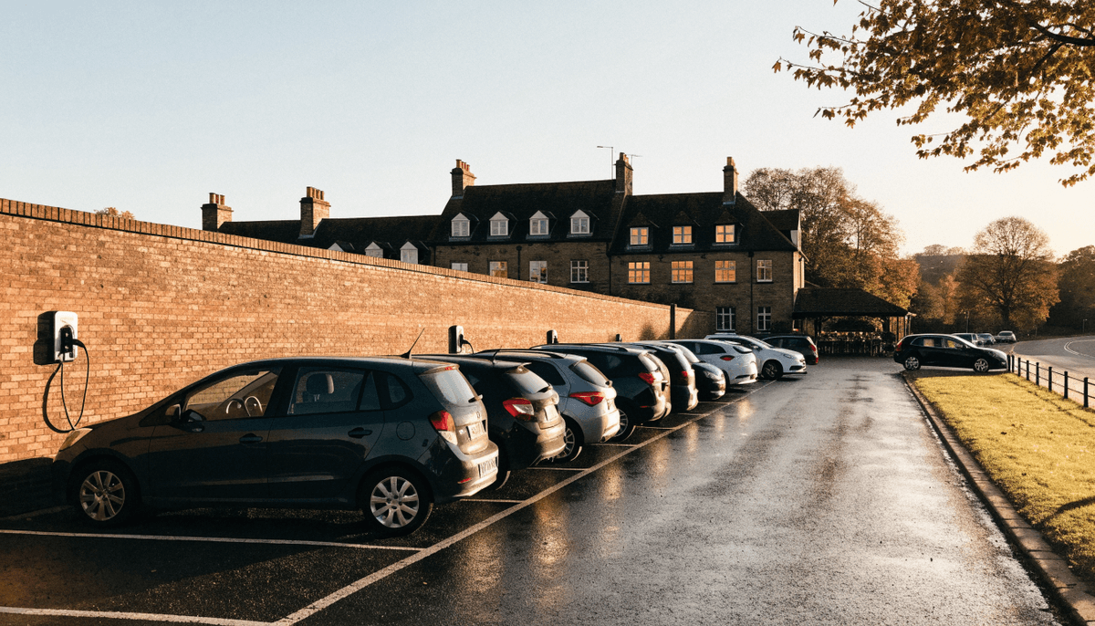 A UK country hotel car park on an autumn afternoon, a long row of parked cars with only two plugged into wall-mounted chargers on a red-brick wall, wet tarmac and lit hotel windows behind