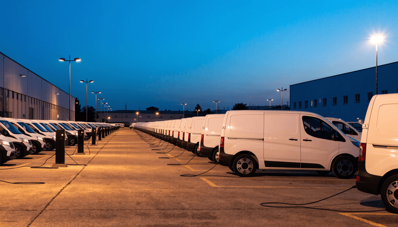 Dozens of white electric vans charging overnight in a floodlit UK depot