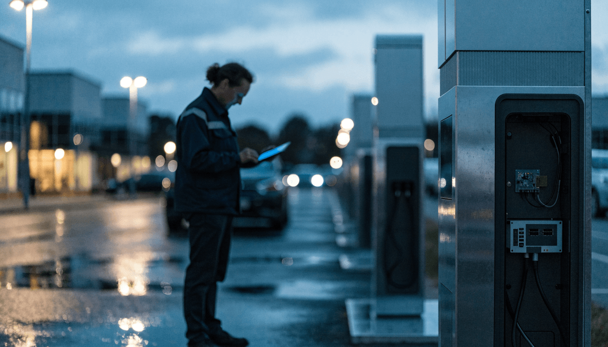 A facilities manager in a navy jacket holds a tablet while inspecting a commercial EV charging post with its service panel open, showing a circuit board and network module, in a British business park car park at dusk with more chargers behind on wet tarmac