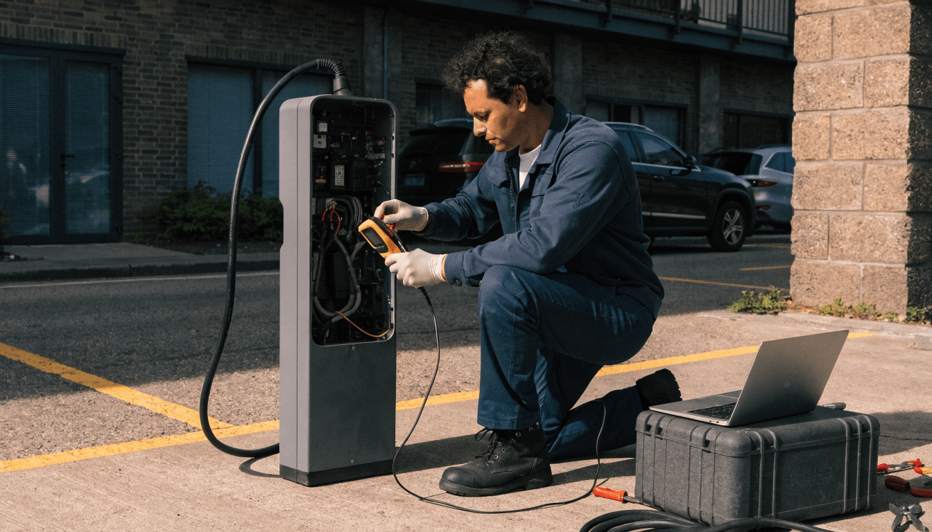 Electrician testing an open commercial EV charger pedestal with a multimeter during commissioning