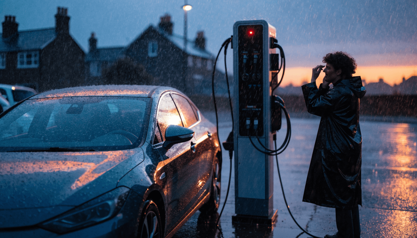 Driver standing in the rain beside an out-of-order public rapid EV charger at dusk
