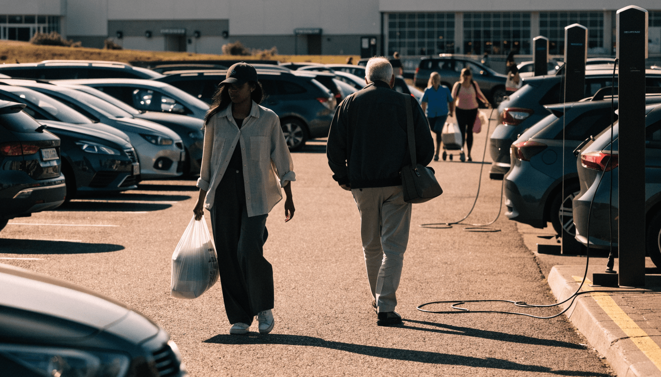 Shoppers walking past a bay of EV chargers in a busy UK retail park car park
