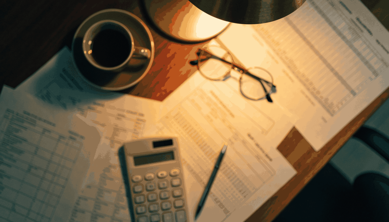 Finance director's desk with calculator and financial papers