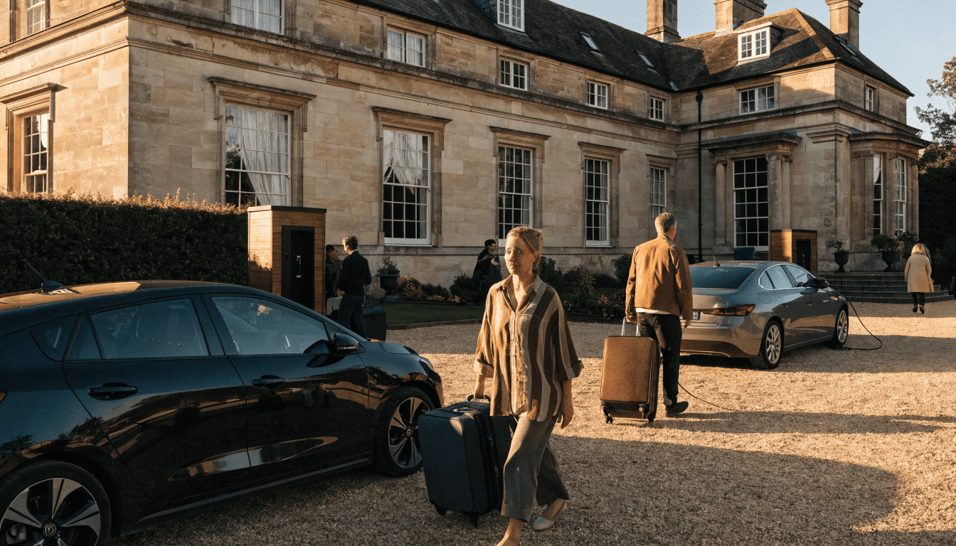 Electric cars charging on the gravel forecourt of an English country house hotel at golden hour