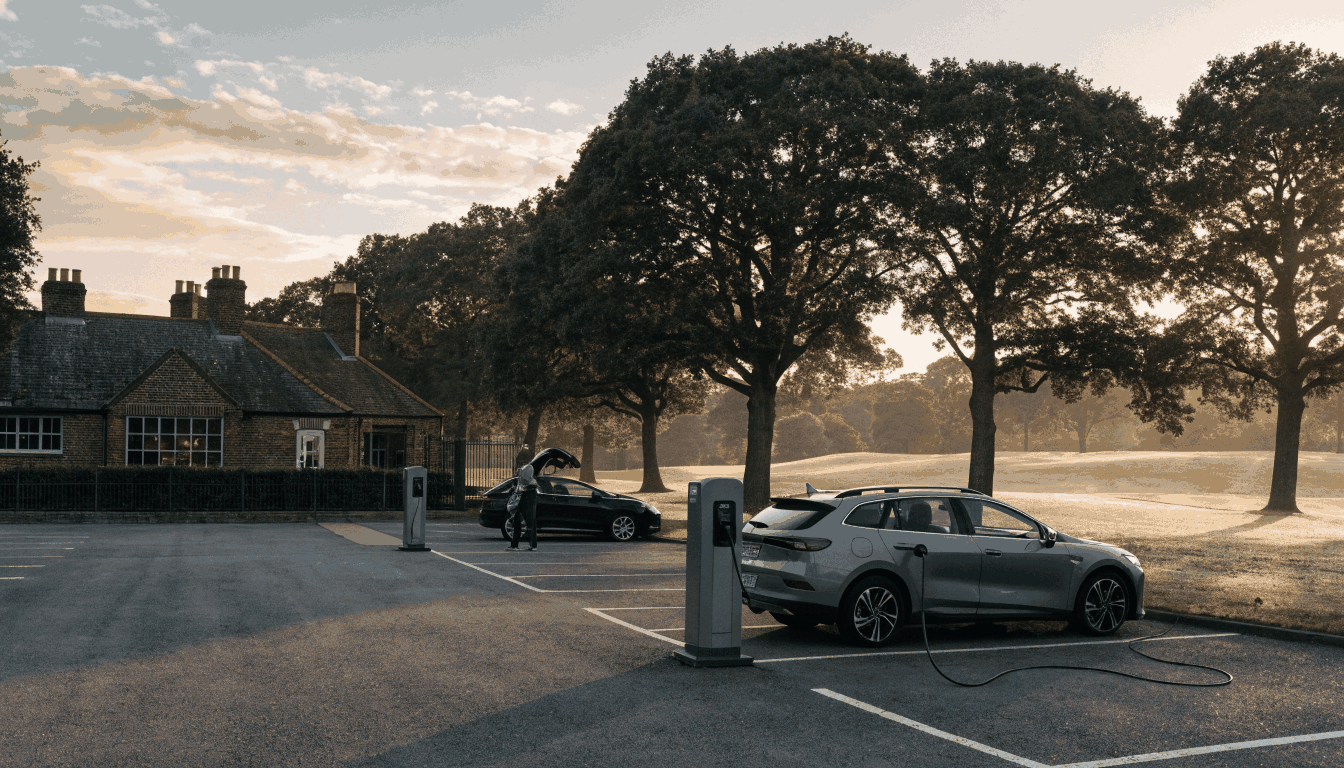Electric estate car plugged into an EV charging pedestal in an English golf club car park at sunrise, golfer unloading clubs with the fairway beyond