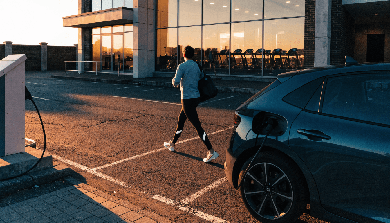 Gym member with a kit bag walking away from an electric car charging outside a UK leisure centre