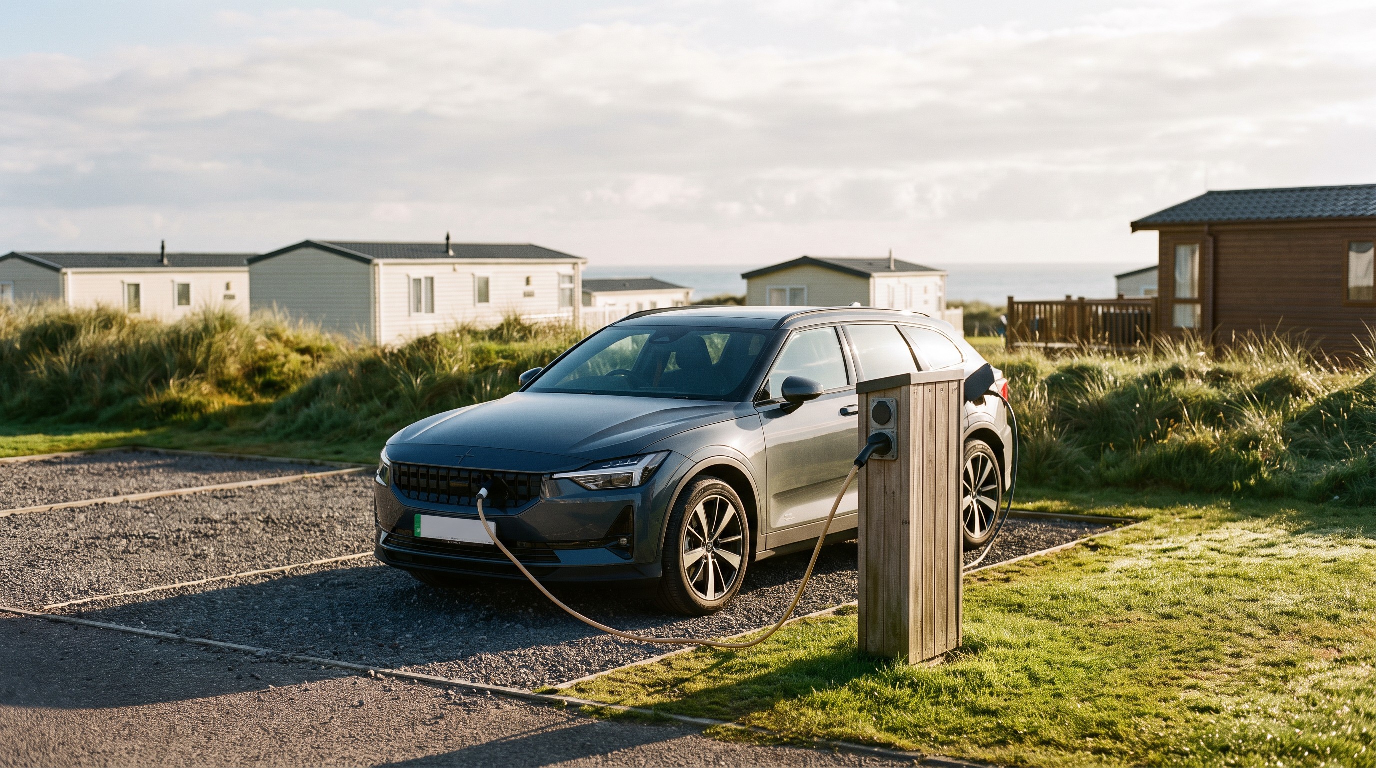 Electric estate car charging at a dual-socket EV pedestal in a UK coastal holiday park, static caravans and lodges behind in early morning light