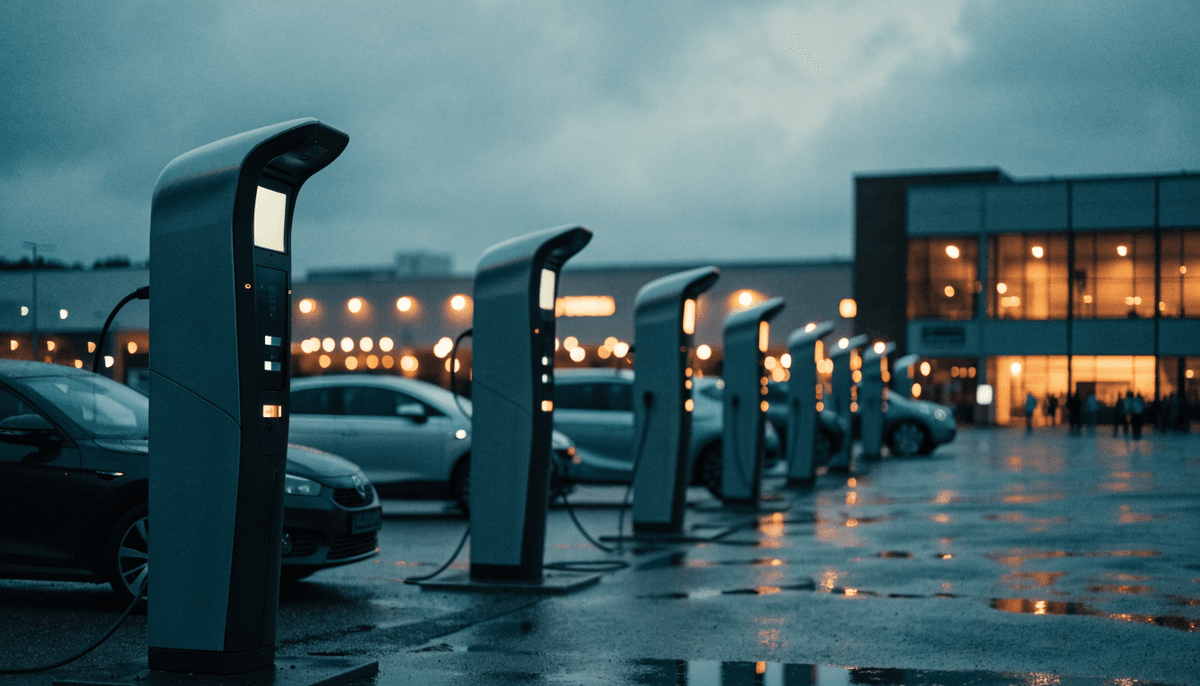 Ultra-rapid EV charging hub with glowing charging units and cars plugged in at a UK leisure park car park at dusk, cinema and bowling venue lit in the background