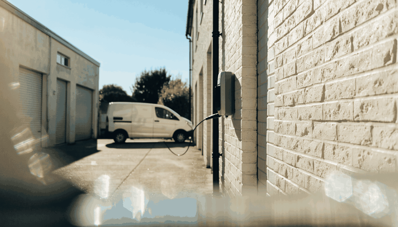 Small business unit with wall-mounted EV chargers on a bright morning