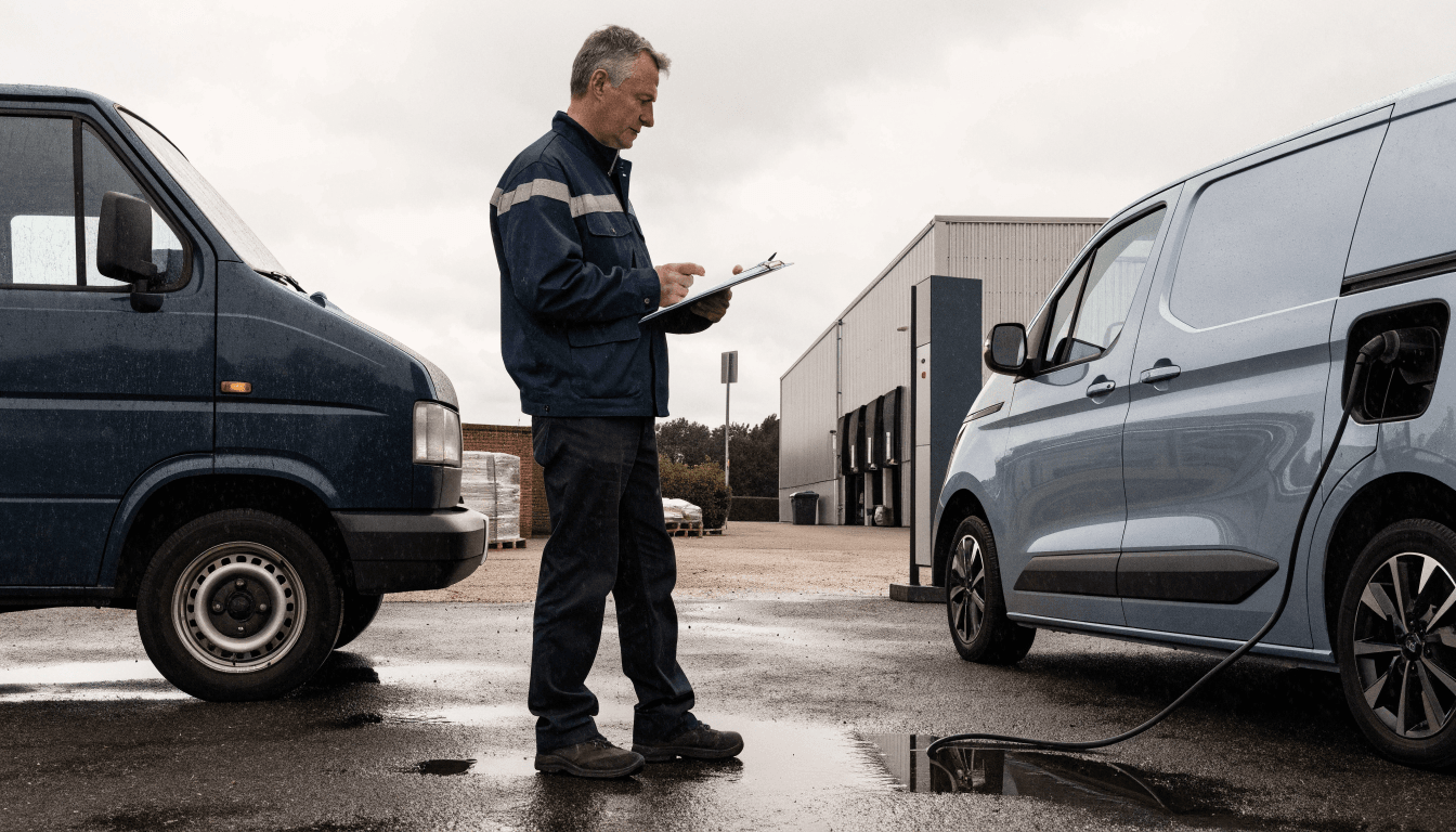 Fleet manager with a clipboard between an older diesel van and a charging electric van