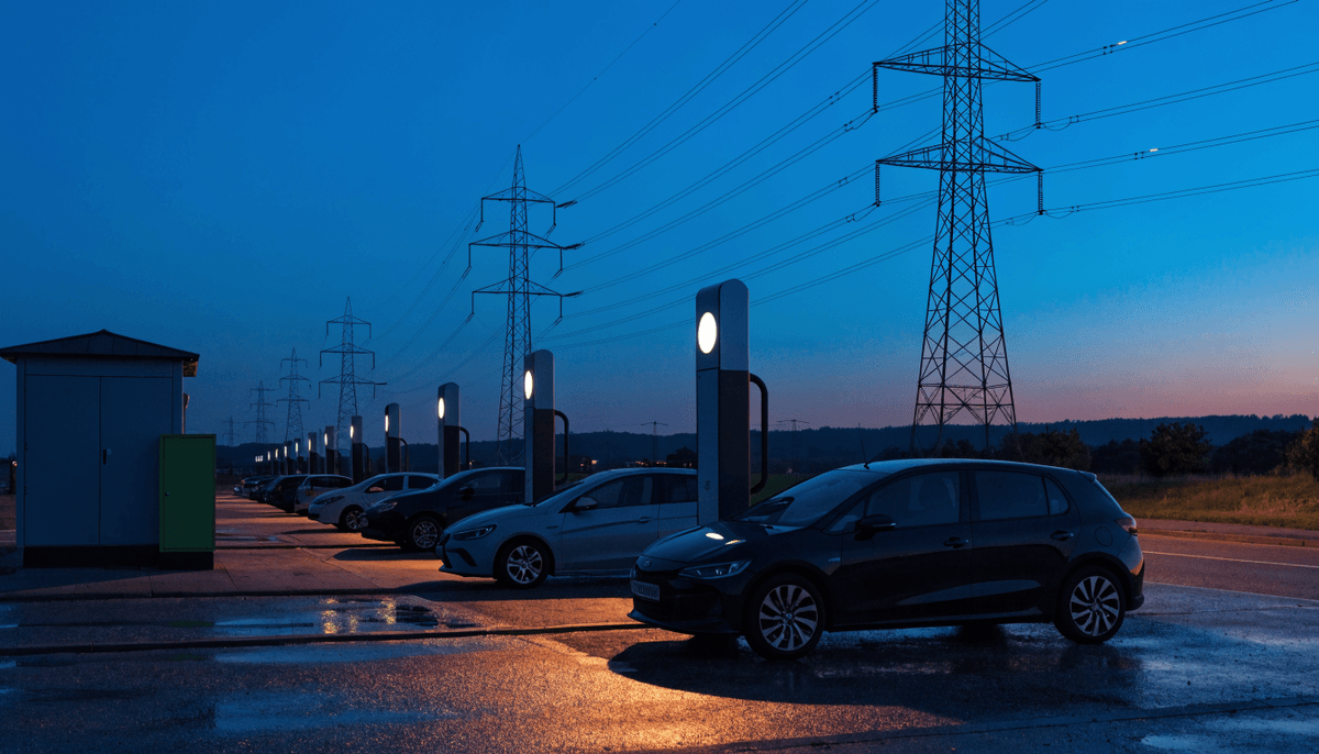 Ultra-rapid EV charging hub at a UK motorway service station at dusk, with an electricity substation cabinet in the foreground and power lines on pylons behind