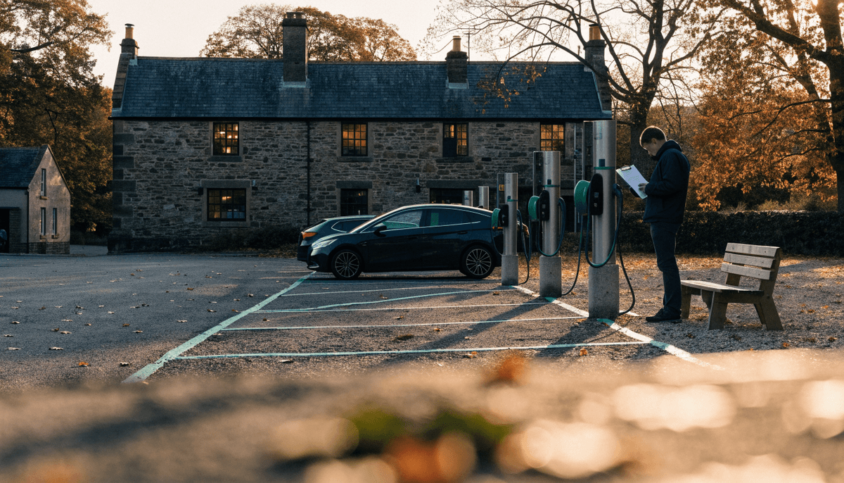 A stone-built British country pub at golden hour in autumn with a row of pedestal EV chargers on green-marked bays, an electric car plugged in, a wooden bench on the gravel and a man in a navy jacket reading a contract on a clipboard beside the chargers