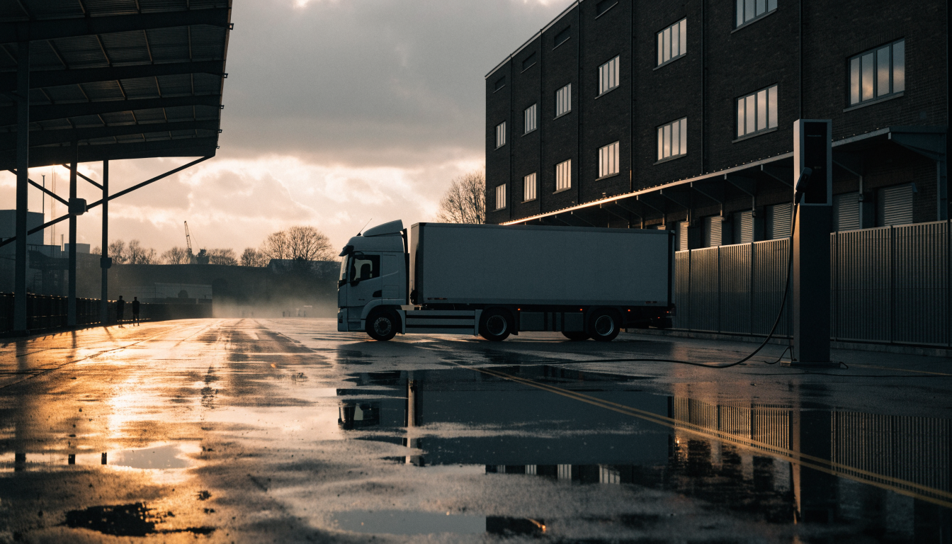 Electric articulated lorry plugged into a megawatt-scale charging pillar at a UK logistics depot at dawn