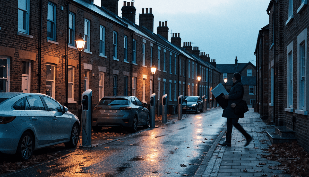 A terraced British residential street at dusk in autumn with a row of slim on-street EV charging posts along the kerb, electric cars plugged in, wet pavement reflecting warm streetlights, and a council officer in a dark coat carrying a bound document