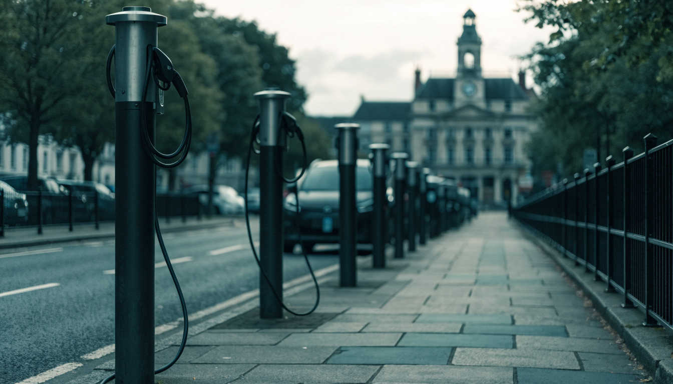 Row of on-street electric vehicle charging bollards along a UK town street with civic buildings in the background