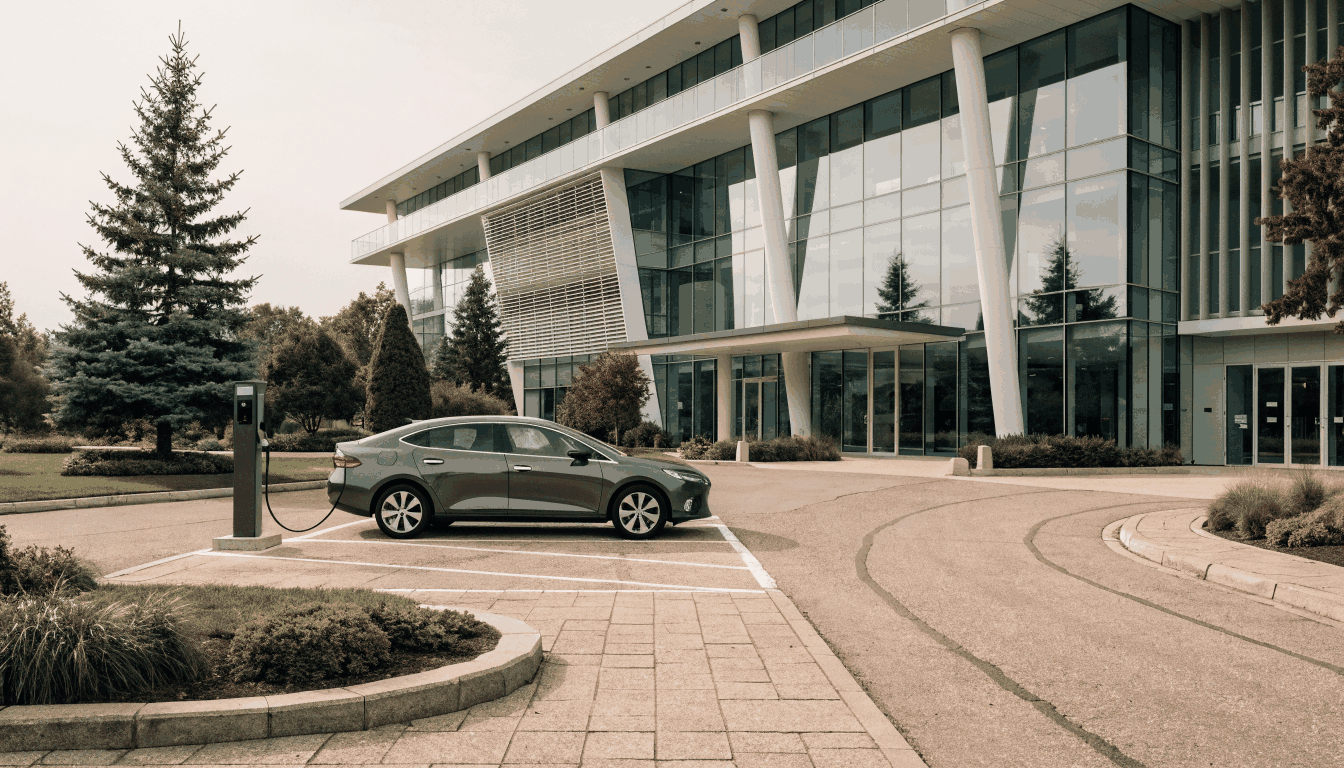 Modern healthcare building with EV charging bays in the visitor car park