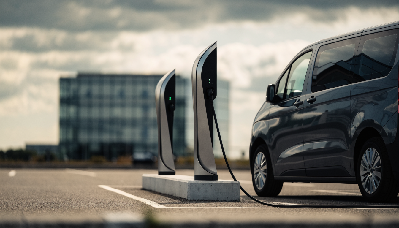 Commercial EV charging units with a cable plugged into an electric van at a UK business car park