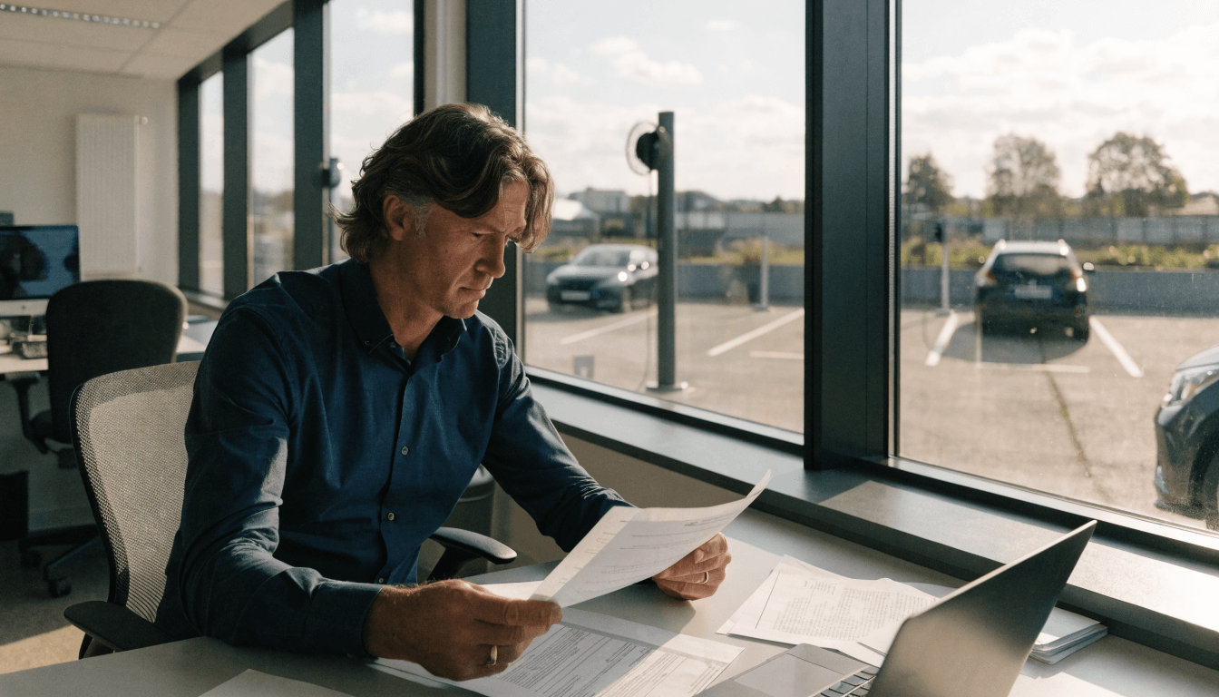 Facilities manager reviewing EV chargepoint grant paperwork with a staff car park visible through the window