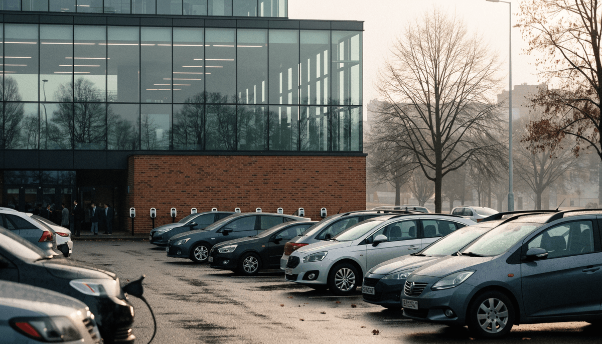 Row of EV chargers in a UK office car park on a grey autumn morning, cables plugged into parked hatchbacks and estate cars in front of a red-brick and glass office building