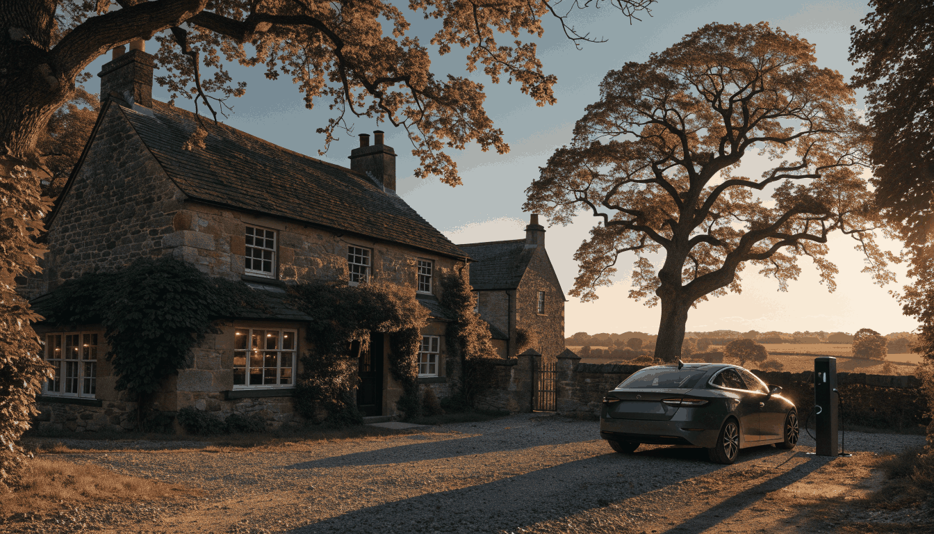 Country pub at golden hour with EV charging in the car park