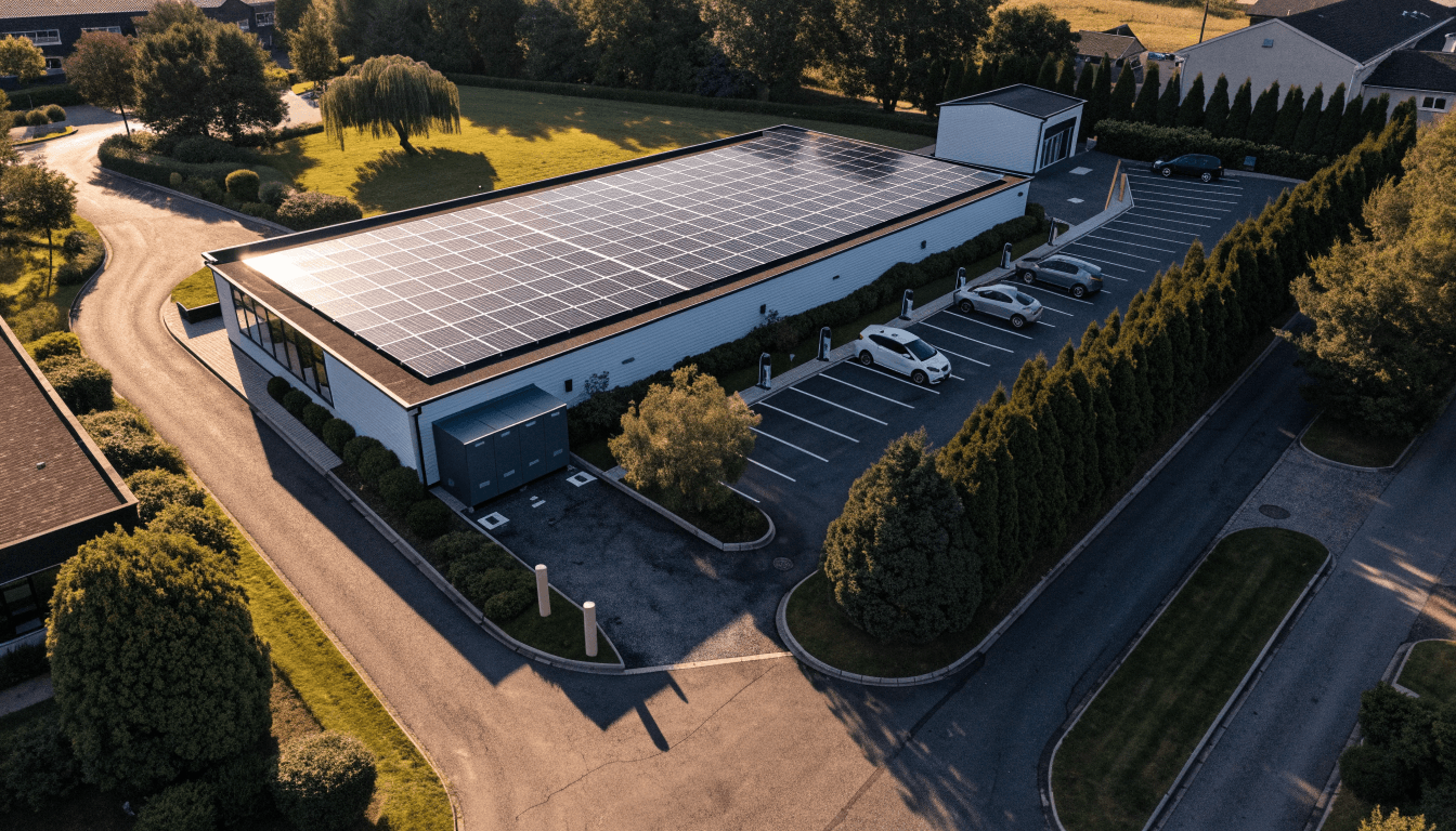 Aerial view of a business park unit with rooftop solar, battery storage and EVs charging