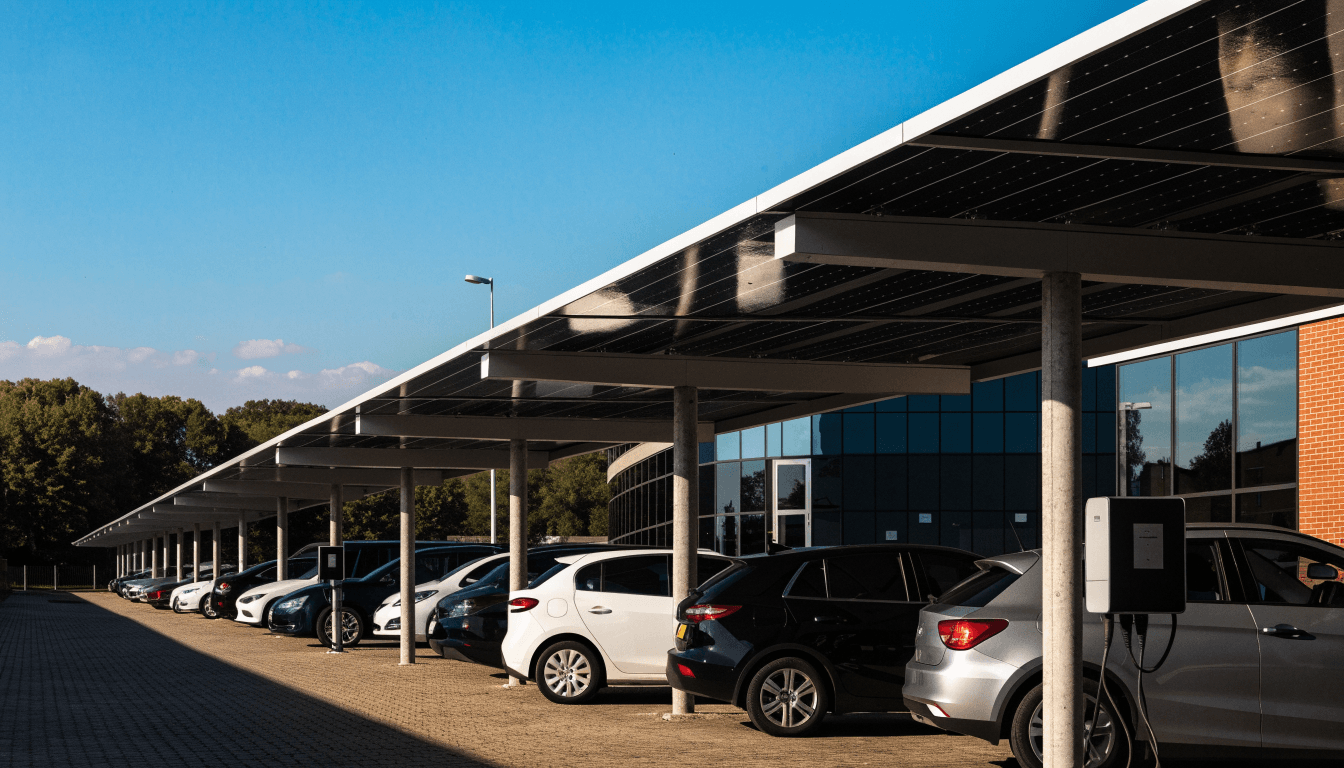 Solar carport canopy over a UK business car park with EV chargers on the posts