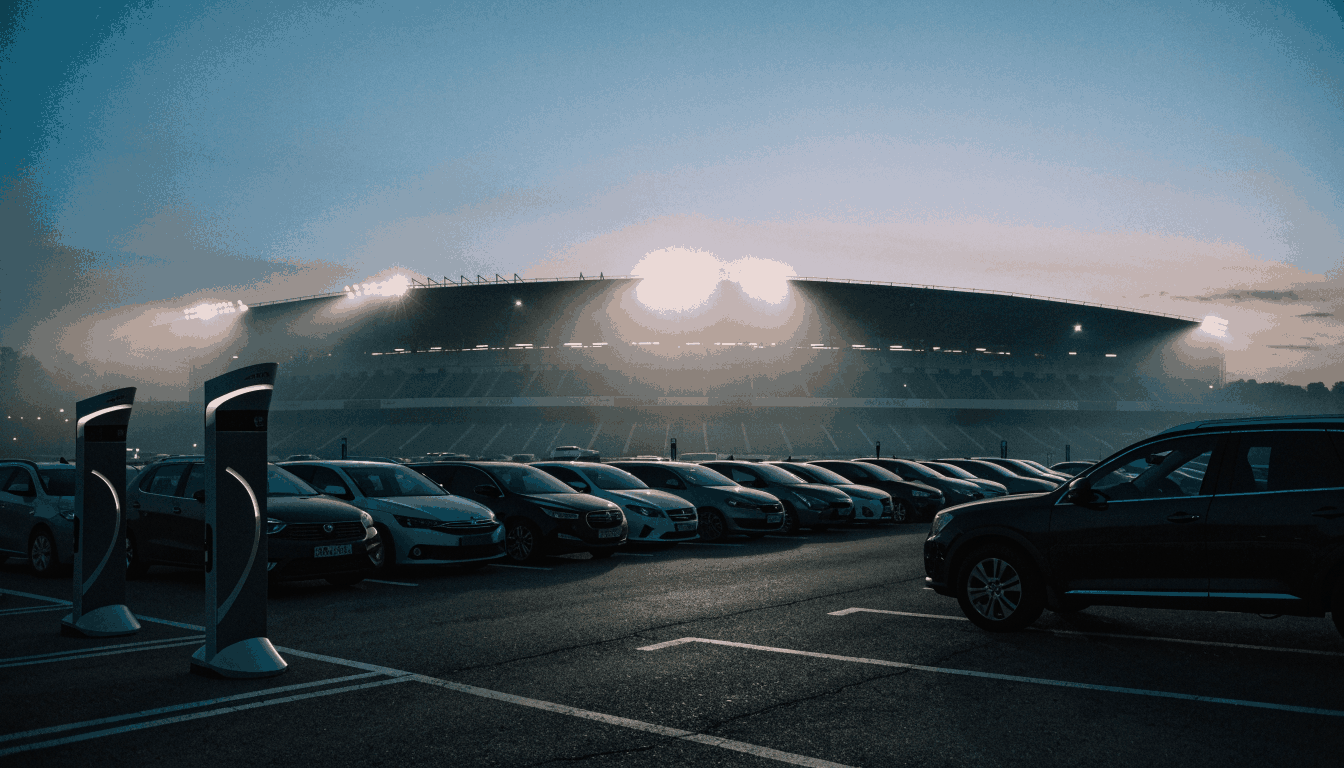 Stadium car park at dusk with floodlights and EV charging posts