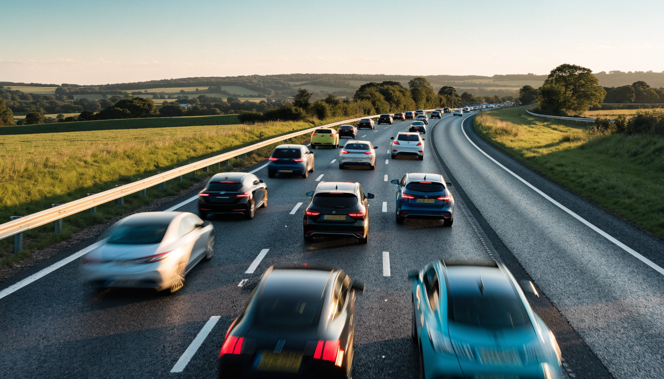 UK motorway at golden hour filled with electric cars