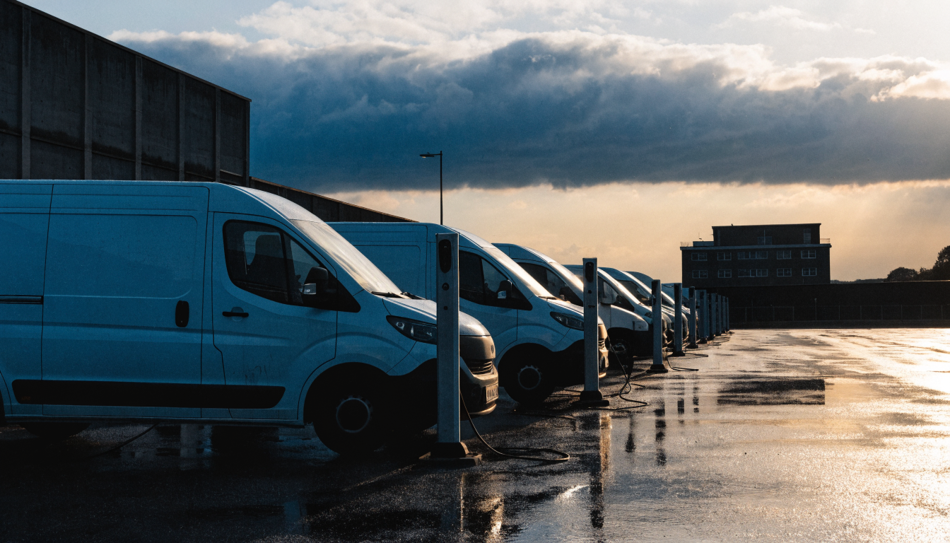 Electric delivery vans charging at a UK depot at dawn