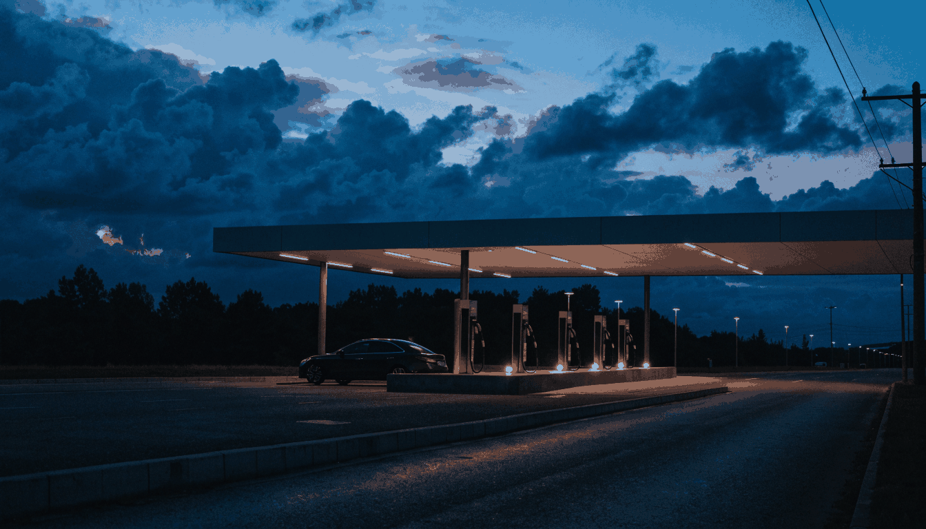 Service station forecourt at twilight with rapid EV chargers
