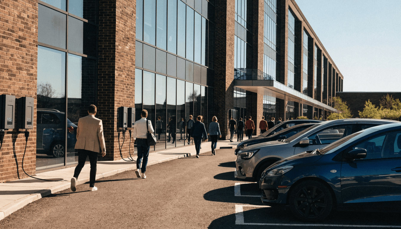 Staff car park with electric cars plugged into wall chargers along a brick office building