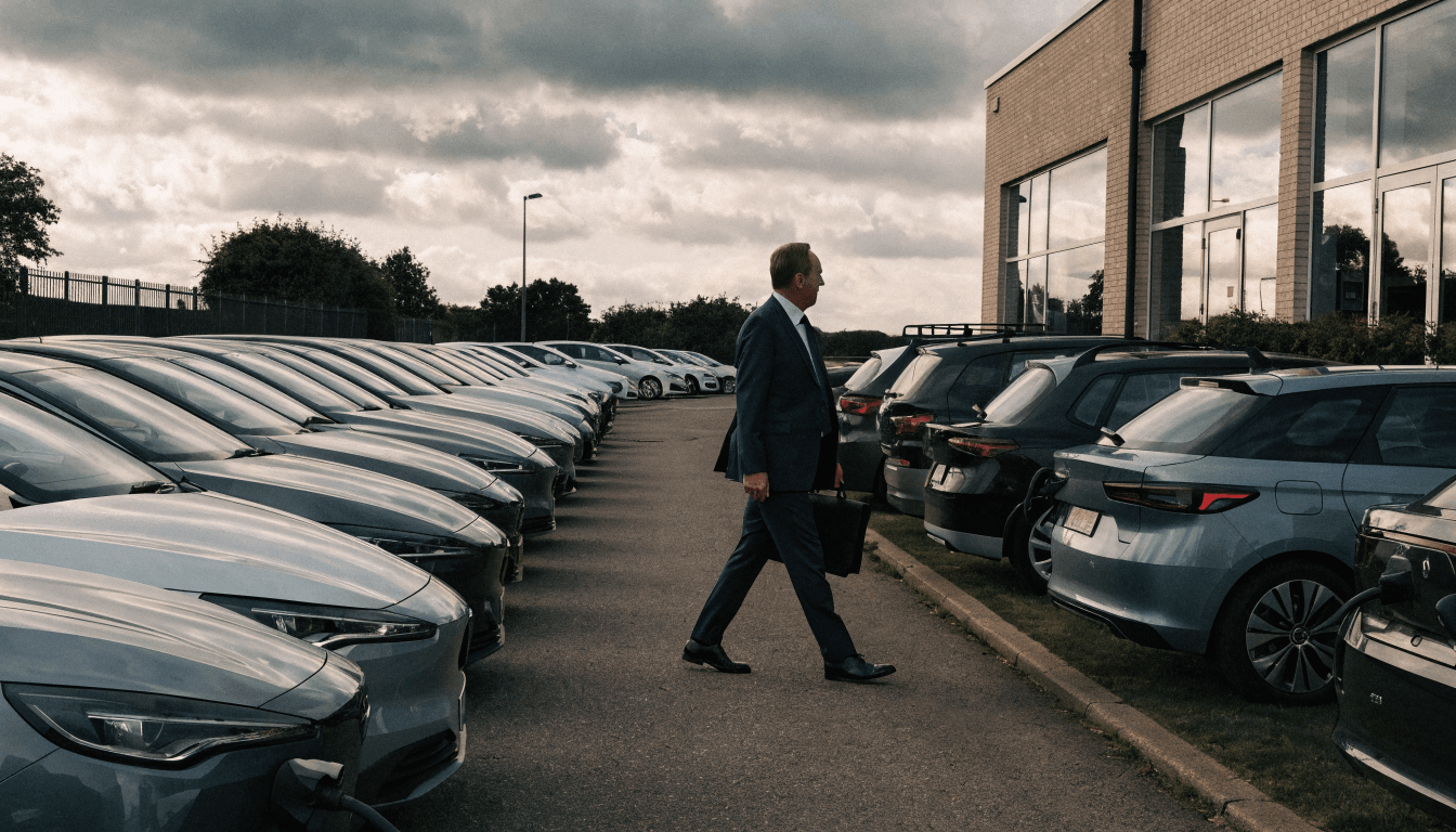 Fleet director walking a UK dealership forecourt lined with new electric cars